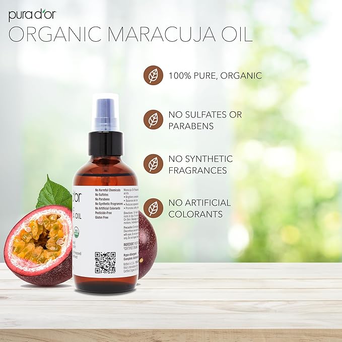 PURA D'OR Organic Maracuja Oil - Passion Fruit Seed Oil - 100% Pure USDA Certified Premium Grade Cold Pressed Body Oil For Hair, Skin & Face - Hydrating Therapy 4 Oz Ayurvedic Skin Care