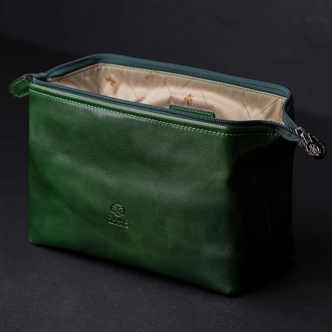 Time Resistance Leather Toiletry Bag - Italian Cosmetic Case Dopp Kit (Green)