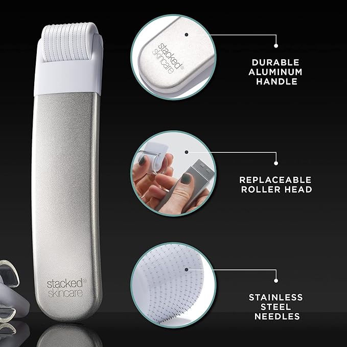 StackedSkincare Microneedling Skin Refining Tool with Replaceable 0.2mm Roller Head – Cosmetic Microneedling for Daily Use – Aluminum Handle for Smoother-Looking, Even Skin