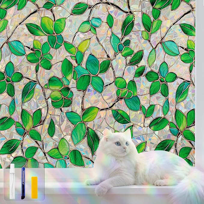 QHYsunshine Stained Glass Window Privacy Film Decorative Rainbow Static Clings – Ideal for Home & Office, Adhesive-Free, Removable, UV-Blocking (Green Rainbow, 35.4 X 157.4 in)