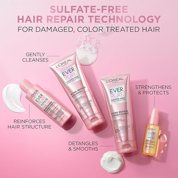 L'Oreal Paris Sulfate Free Bond Repair+ Shampoo and Conditioner Set with Bond + Amino Acid Complex, Strengthens and Repairs Damaged or Color Treated Hair, EverPure, 13.6 Fl Oz Set (Packaging May Vary)