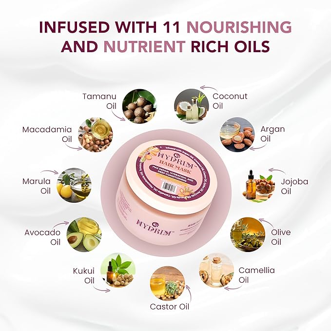 Hydrim Hydrating Deep Conditioning Hair Mask for Dry, Damaged Hair – Infused with Argan Oil & 10 Nourishing Oils, Smooths Frizz, Leaves Hair Soft & Shiny, Fresh Floral Aroma, 8.45 fl oz