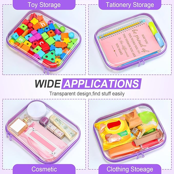 Sanwuta 6 Pcs Clear Hard Zipper Case Plastic Zipper Pouches Transparent Makeup Bag Pencil Case Pouches Toiletry Diaper Bag for Travel Toy Storage Organizer Bins(Purple,9.84 x 7.87 x 2 Inch)