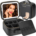 Extrei Gent Makeup Travel Train Case with Mirror LED Light 3 Adjustable Brightness Cosmetic Bag Portable Storage Adjustable Partition Waterproof Makeup Brushes Makeup Jewelry Gift for Women (Black-1)