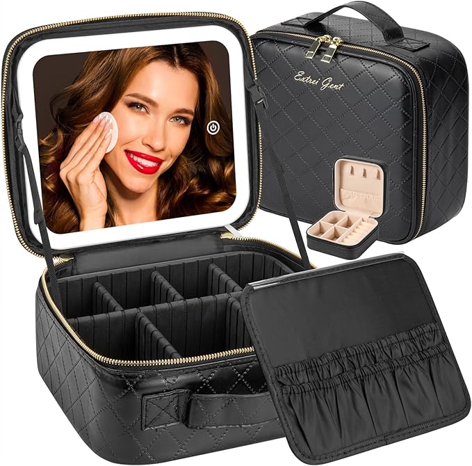 Extrei Gent Makeup Travel Train Case with Mirror LED Light 3 Adjustable Brightness Cosmetic Bag Portable Storage Adjustable Partition Waterproof Makeup Brushes Makeup Jewelry Gift for Women (Black-1)