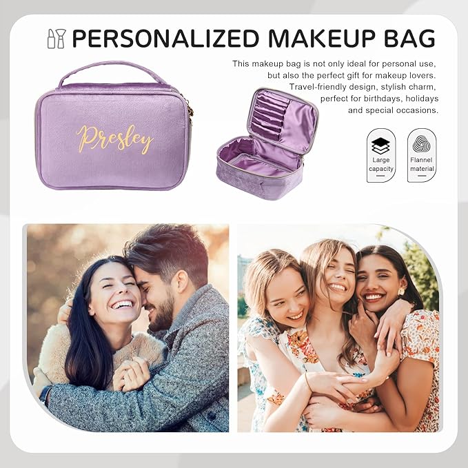 Dreamgem Personalized Name Makeup Bags - Monogrammed Gift for Women Girls Cosmetic Bag with Zipper Gift Ideal for Teen Girls Women Birthday Friend Mom (Light Purple)