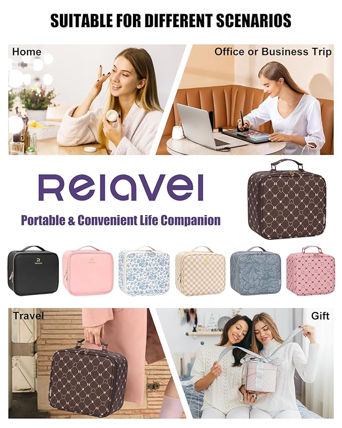 Relavel Travel Makeup Bag With LED Mirror, Brown Bowknot