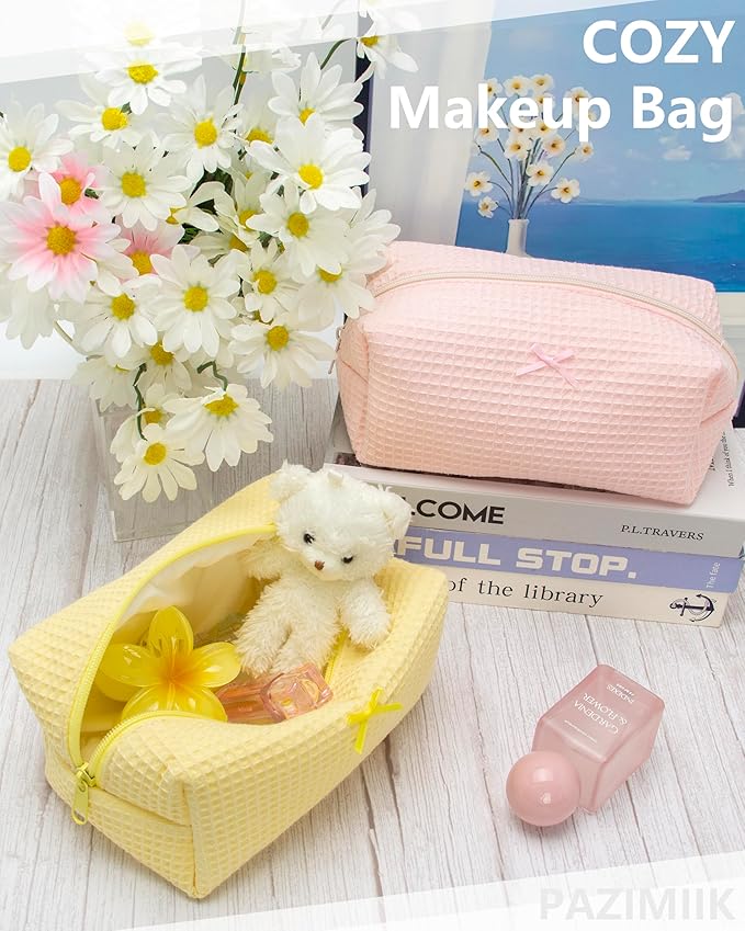 PAZIMIIK Cozy Makeup Bag for Women,Zipper Cosmetic Pouch,Waffle Yellow