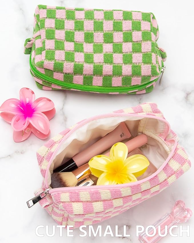 Checkered Makeup Bag for Purse, Small Travel Cosmetic Pouch,Pink Beige