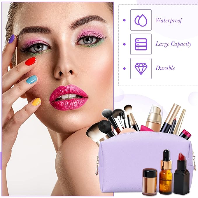 Sanwuta 9 Pcs Makeup Bags Bulk Bridesmaid Proposal Gifts Cosmetic Bags Preppy PU Leather Double Zipper Toiletry Pouch Portable Travel Organizer Case for Women Bachelorette Gift(Purple)