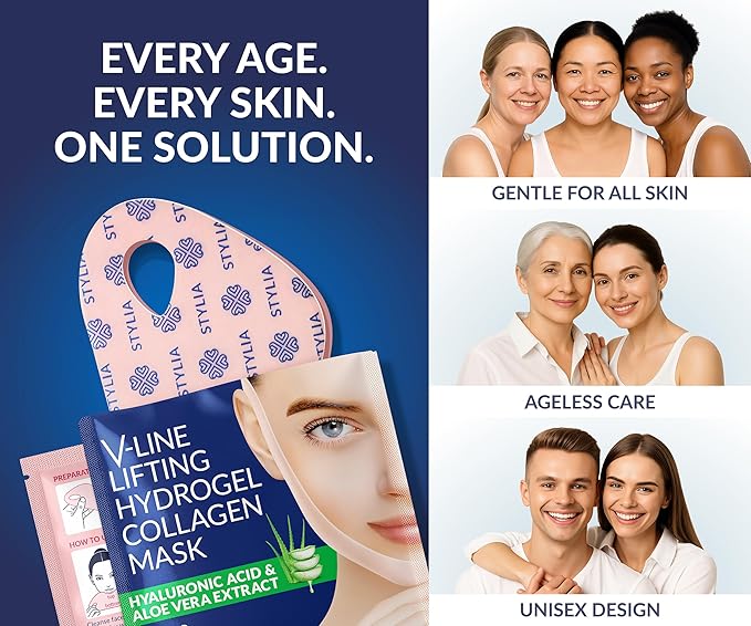 Stylia V Line Lifting Collagen Mask - Lift, Firm & Contour Jawline - Tightening Double Chin Strap with Hyaluronic Acid & Aloe - Neck Lift & Face Tightening Mask - Jawline Shaper Face Lift Tape (7PC)