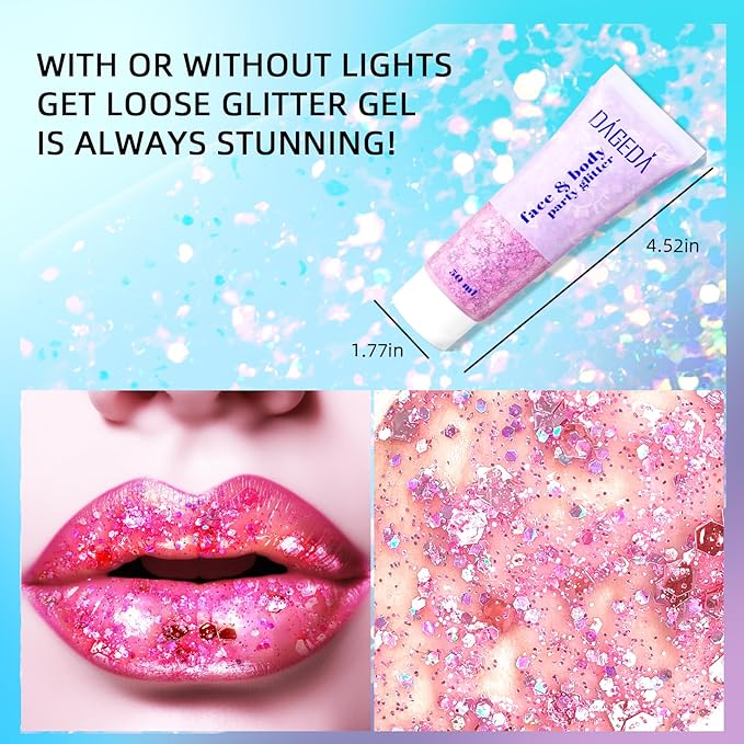 DAGEDA Pink Body Glitter Gel, Sparkly Hair Face Glitter Makeup Accessories