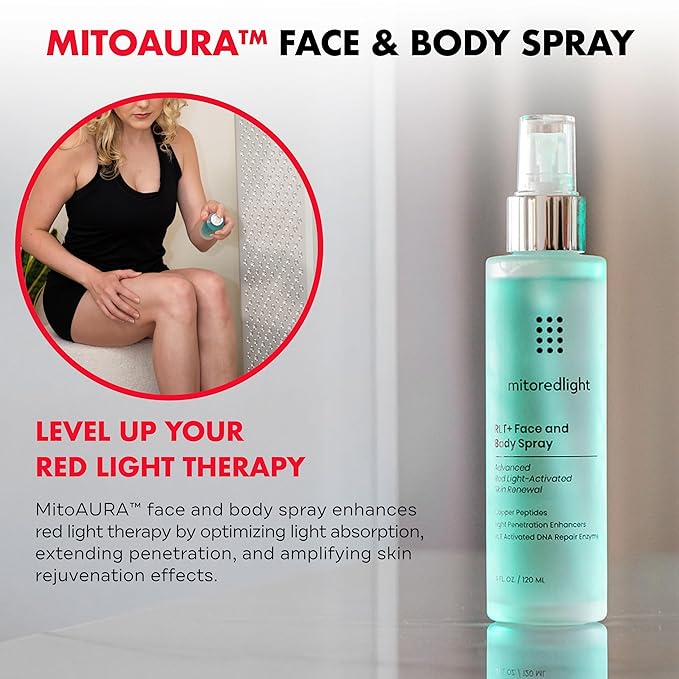 Mito Red Light - MitoAURA™: Red Light Therapy-Enhancing Face & Body Spray- Light-Responsive Glow Spray with Copper Peptides & Blue Spirulina - Boost Radiance, Firmness & Skin Vitality- 4 FL OZ