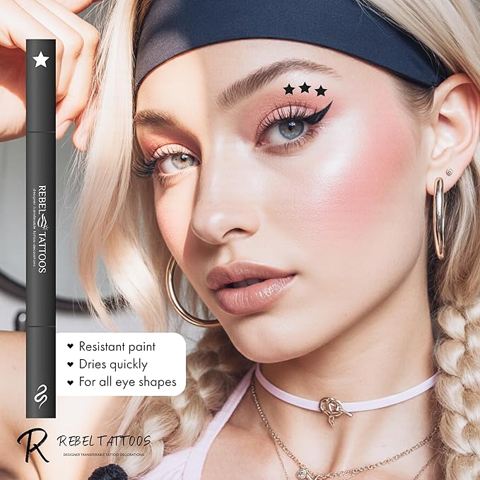 Rebel Tattoos 2-in-1 Eyeliner Stamp, Pigmented Intense Black Formula, Smudge-Budge Proof, Sweatproof, 24 Hour Stay Eyeliner Stamp Star Butterfly or Heart (Black Star)