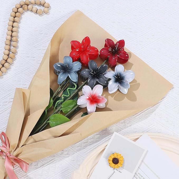 CHANDAT Flower Hair Clips 6 PCS Hawaiian Claw Clips for Vacation Hibiscus Hair Claw Clips Cute Large Hair Clips for Thick and Thin Hair Plumeria Hair Accessories for Women Girls -Dark Color