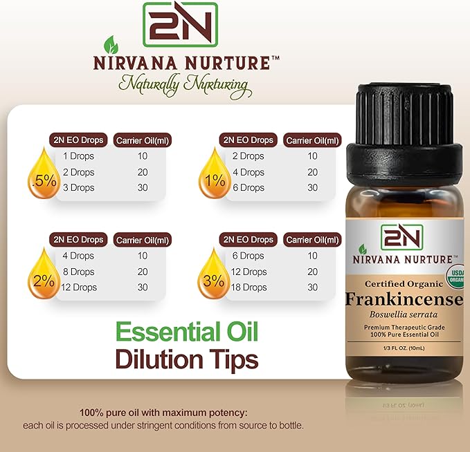 Nirvana Nurture Frankincense Essential Oil, USDA Certified Organic, 100% Pure Undiluted, Aromatherapy Oil for Diffuser, Hair & Skin Care