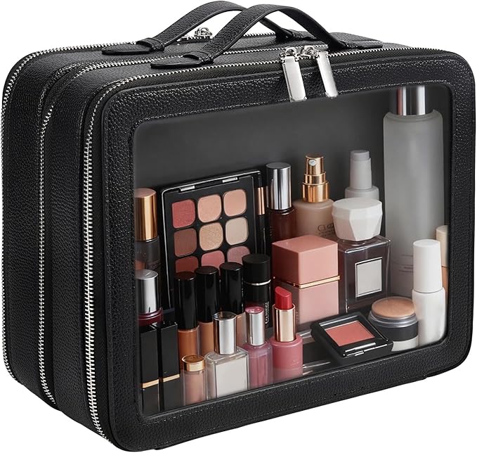 idoltimes Clear Makeup Bag,Large Toiletry Case for Women,PU Leather Travel Cosmetic Bag,Detachable Makeup Case,Double Compartment Make up Organizer