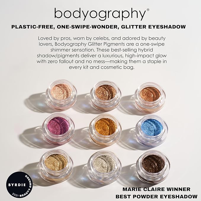 Bodyography Glitter Pigment Eye Shadow | Long Wear Shimmer Eyeshadow | Vegan, Talc & Paraben Free | Cream Powder Formula | Soiree (Gun Metal Gray) 1.5 g