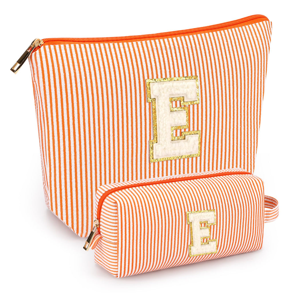 mibasies 2 PCS Initial Makeup Bags for Women: Cosmetic Bag for Travel Toiletry - Personalized Cute Makeup Pouch - Gifts for Grilfriend Wife Moms Bridesmaid - Retirement Travel Gifts - Orange E