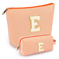 mibasies 2 PCS Initial Makeup Bags for Women: Cosmetic Bag for Travel Toiletry - Personalized Cute Makeup Pouch - Gifts for Grilfriend Wife Moms Bridesmaid - Retirement Travel Gifts - Orange E