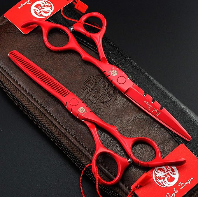 Purple Dragon 5.5 inch Hair Cutting Scissors Kit with Bag for Barbers - Red