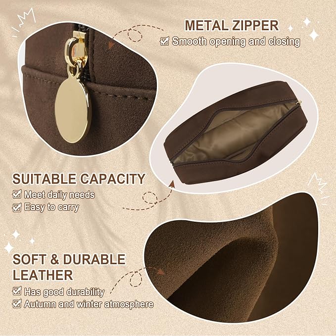 UIXIZQ Waterproof Small Makeup Bag for Purse,Cute Pouch Preppy Suede Makeup Brush Holder with Zipper,Girls Teens Portable Storage Case Small Travel Toiletry Bag for Office(Slim-Coffee)