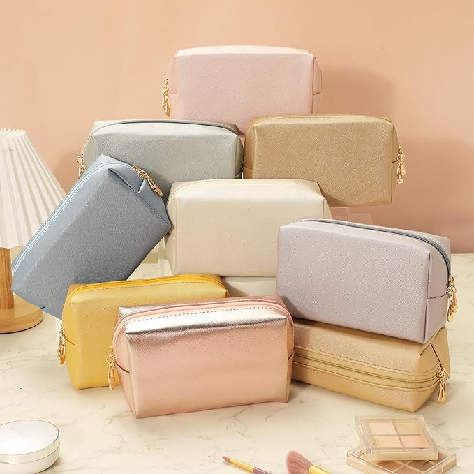 Sanwuta 9 Pcs Makeup Bags Bulk Bridesmaid Proposal Gifts Cosmetic Bags Preppy PU Leather Double Zipper Toiletry Pouch Portable Travel Organizer Case for Women Bachelorette Gift(Pearl Color)