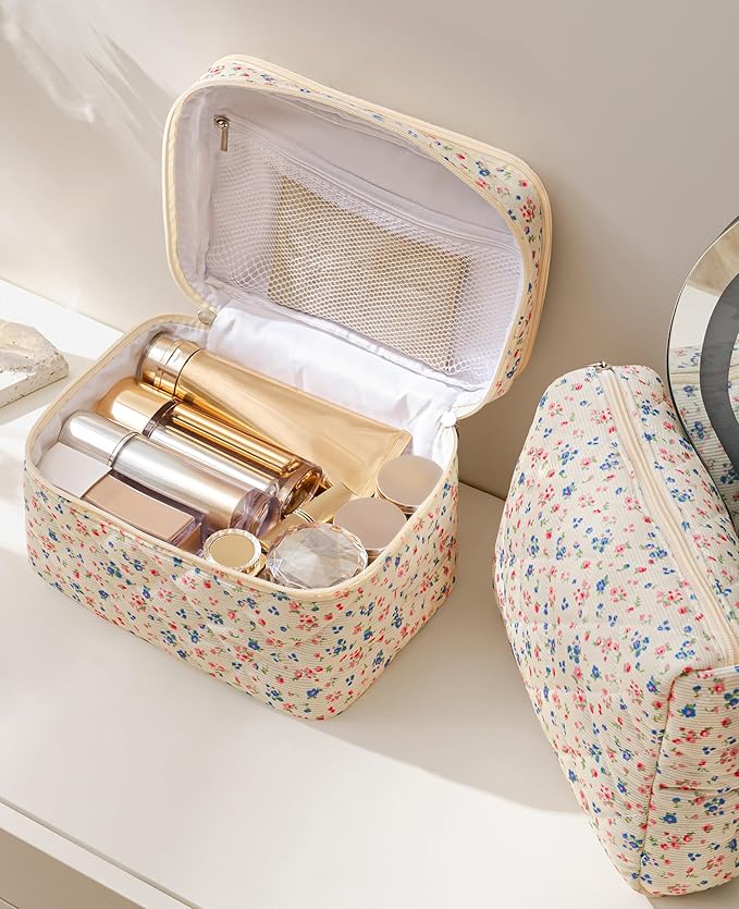 HBselect 2Pcs Travel Makeup Bag Large Quilted Cosmetic Bag Make up Bag