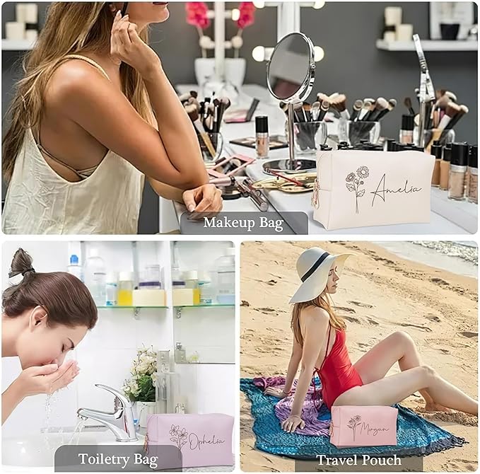 DayOfShe Personalized Makeup Bag with Name and Birth Flower Bridesmaid Gifts,Name Toiletry Bag Mothers Day Mom Gifts,Custom Travel Makeup bag for Bridal Shower Gifts