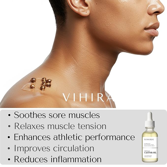 Vihira Organic Golden Castor Oil (2 Fl Oz | Premium Grade), True Cold Pressed, 100% Pure, Hexane Free, for Hair, Eyelash, Eyebrow, Cuticles, Nails, Skin, Belly Button & More.