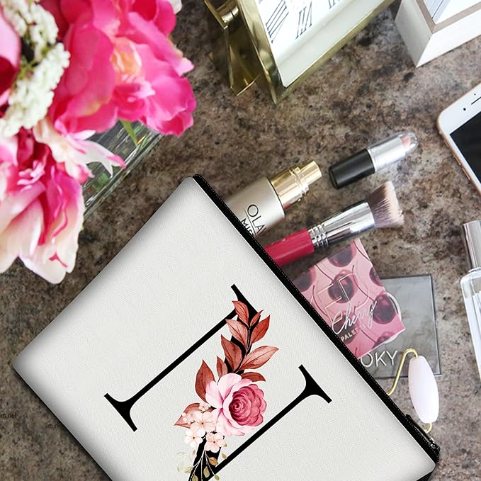 Vavabox A-Z Personalized Makeup Bag, Birthday Gifts for Women Mom, Gifts for Best Friend, Bride Bridesmaid Cosmetic bag (N, 01-White)