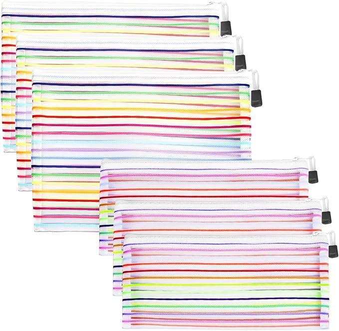CarryEpic Mesh Bags with Zipper (6 Pack), Nylon Makeup Bag Cosmetic Pouches Travel Organizer Case for Purse Diaper Bag Home Organizing Striped Multi Size White