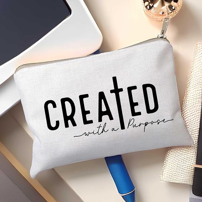 HubbgDesign Created With a Purpose Women Makeup Bag Christian Decor Self Love Gift Toiletry Bag Religious Faith Cosmetic Pouch Linen Cotton Inspirational Multi-Purpose Bag Gift