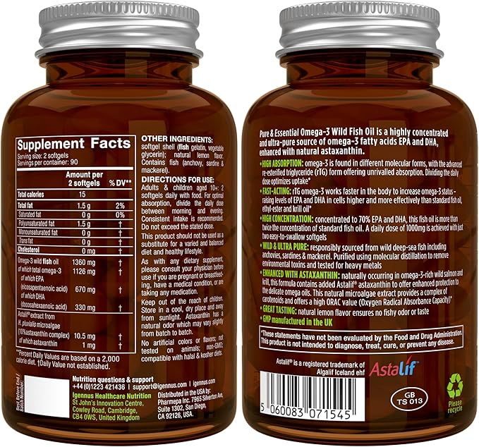 Igennus Ultra Pure Omega 3 rTG Wild Fish Oil 1360mg, 180 Softgels
