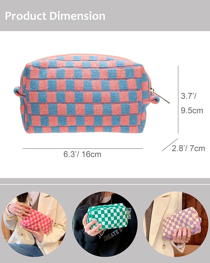 Checkered Makeup Bag for Purse, Small Travel Cosmetic Pouch,Red Blue