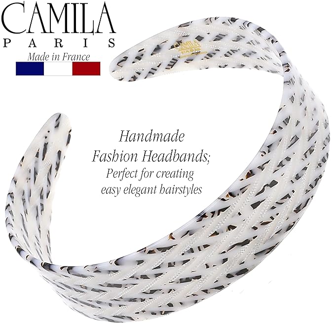 Camila Paris CP3462 French Headband for Women, Handmade White and Gray, Strong Hold Grip Women's Hair Band, Ligth and Very Flexible, No Slip Durable Styling Girls Hair Accessories, Made in France