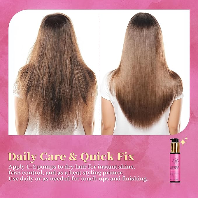 NP NATURES PHILOSOPHY Moroccan Argan Hair Oil, Leave In Hair Serum Anti Frizz Heat Protectant Oil for Curly Color Treated Damaged Hair, Vegan Split End Repair Hair Finishing Oil 1.69 Fl oz