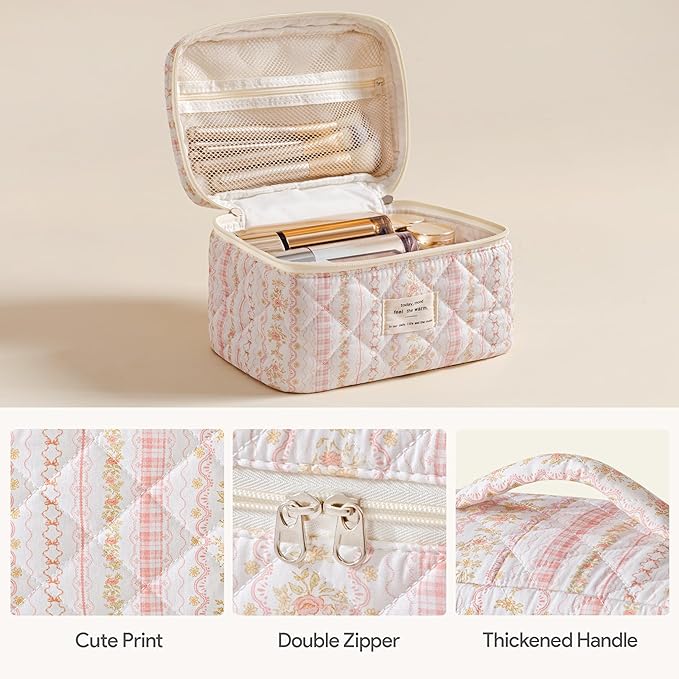 HBselect Quilted Makeup Bag, 3Pcs Cotton Large Travel Makeup Bags Organizer