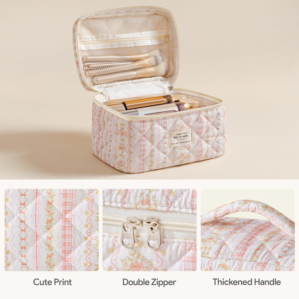 HBselect Quilted Makeup Bag, 3Pcs Cotton Large Travel Makeup Bags Organizer