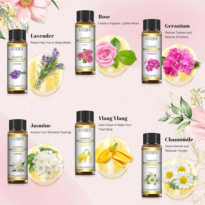 EUQEE 6 Pcs Pure Essential Oils Set, Floral Scent Kit for Diffuser