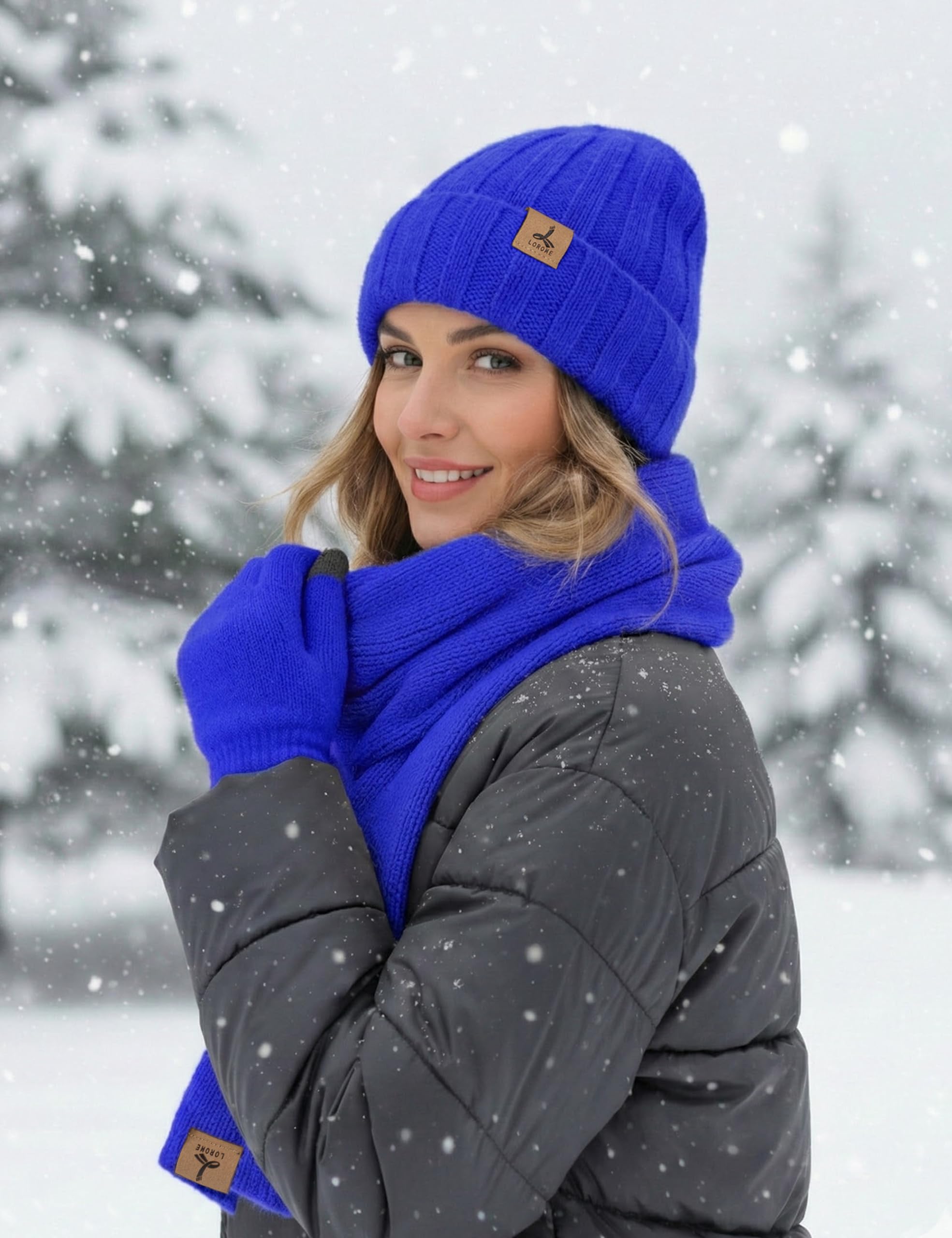 LOROME Winter Beanie Hat Gloves Scarf, Cashmere Hat Gloves Scarf Set Women
