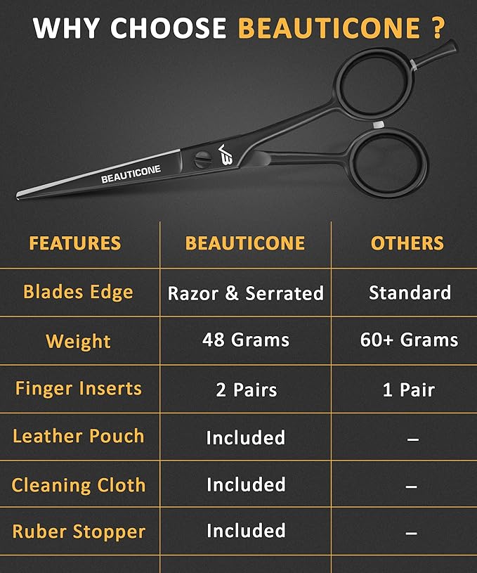 BEAUTICONE ® Hair Cutting Scissors - High Carbon SS 6.5" Professional Barber-Grade Salon Shears with Serrated & Razor Edge - Matt Finish with Pouch & Finger Inserts - Ultra Lightweight