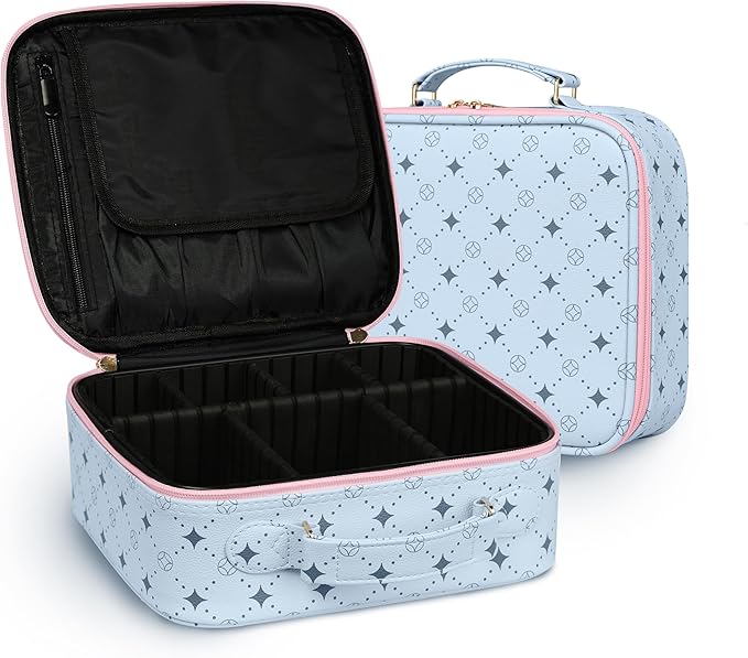 M Y U R E N Travel Makeup Bag,Waterproof Cosmetic Organizer, Adjustable Dividers,Portability Cosmetic Train Case,Makeup organizer,Gift for Women,Girls Gift (Blue+Pink)