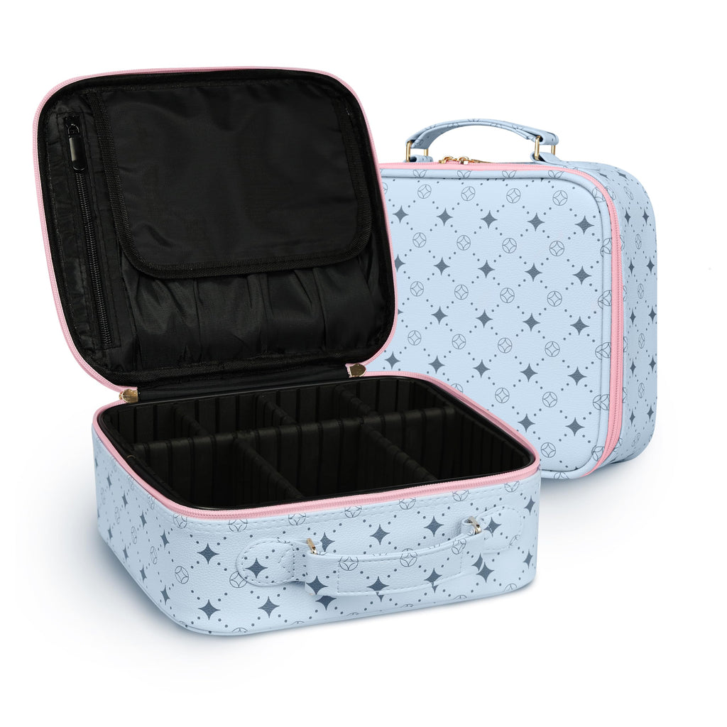M Y U R E N Travel Makeup Bag,Waterproof Cosmetic Organizer, Adjustable Dividers,Portability Cosmetic Train Case,Makeup organizer,Gift for Women,Girls Gift (Blue+Pink)