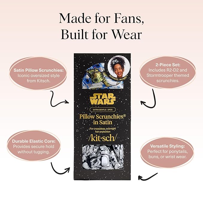 Kitsch x Star Wars R2-D2 & Stormtrooper Scrunchies for Women- Softer Than Silk Scrunchie, No Crease Hair Ties, Perfect For Day And Night Creaseless Hair Accessories - 2pcs