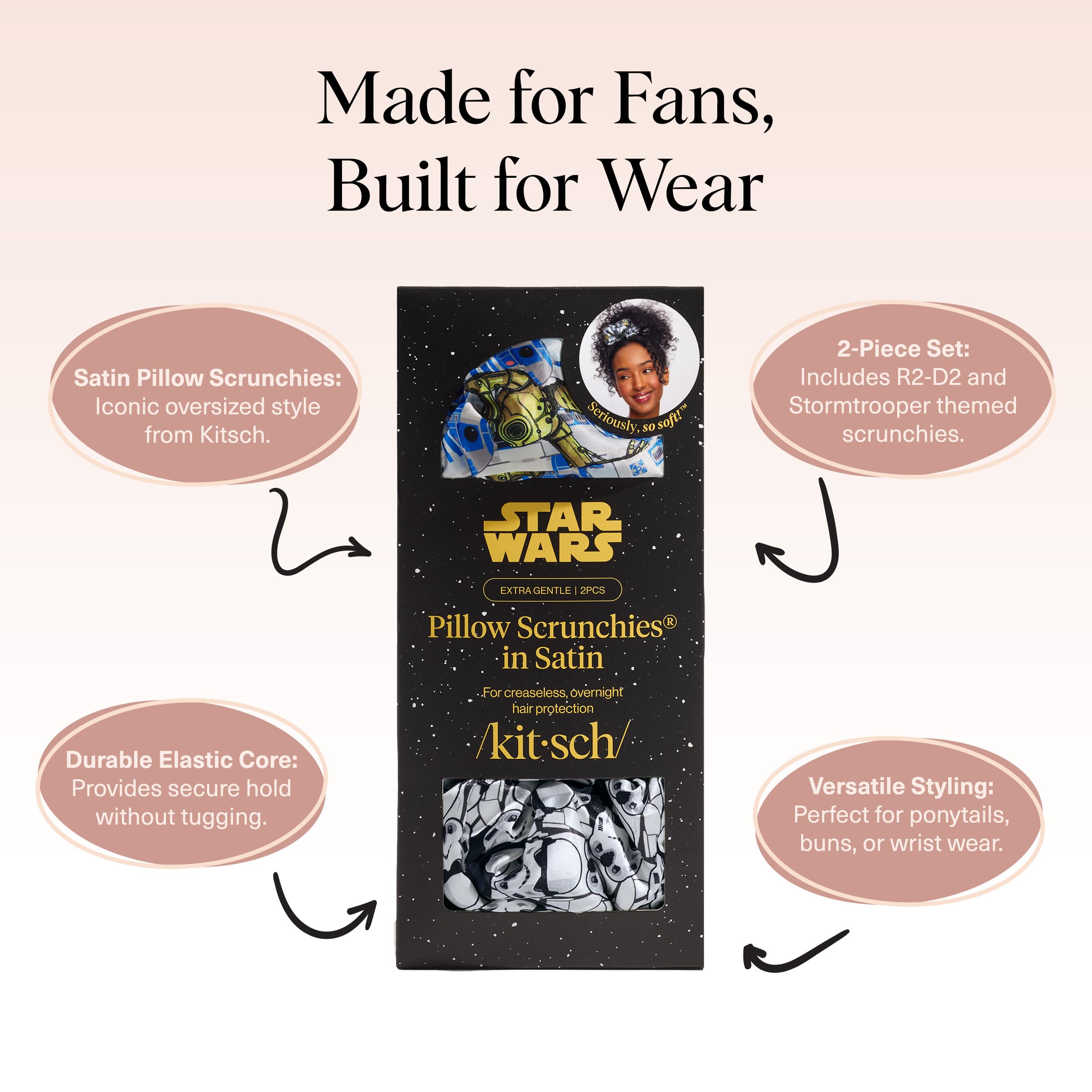 Kitsch x Star Wars R2-D2 & Stormtrooper Scrunchies for Women- Softer Than Silk Scrunchie, No Crease Hair Ties, Perfect For Day And Night Creaseless Hair Accessories - 2pcs