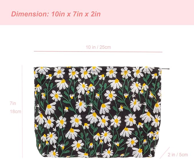 Flat Makeup Bag for Women,Zipper Cosmetic Pouch for Purse,Daisy Black