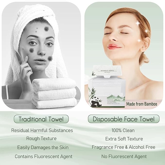 WOWOTEX Bamboo Viscose Disposable Face Towel Biodegradable Large Dry Face Wipes 120 Count Extra Thick Soft Clean Facial Towels for Sensitive Skin, Makeup Removing, Facial Cleansing