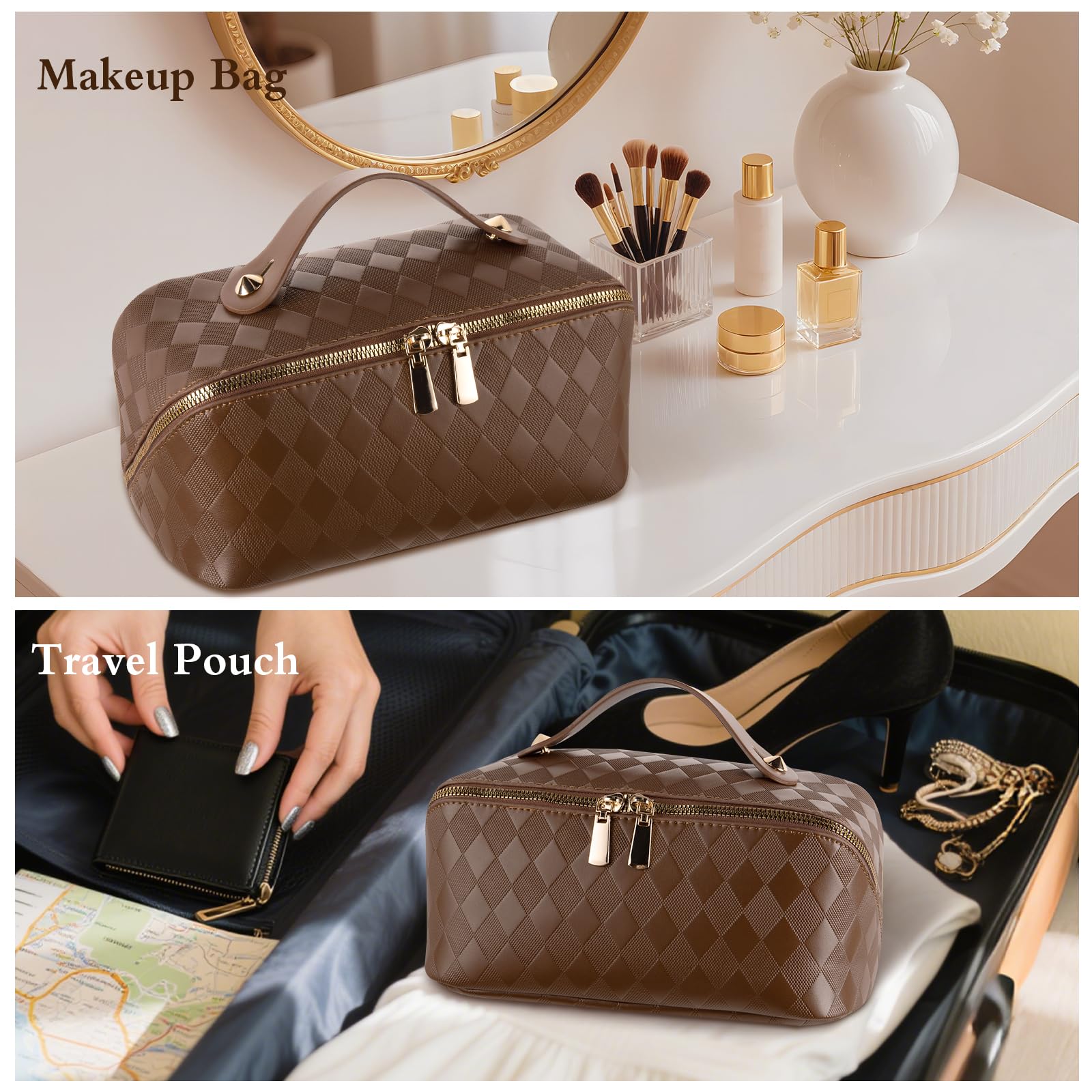 Abiudeng Travel Makeup Bag Large Capacity for Travel Essentials Open Flat Makeup bag Organizer with Divider and Handle-Rhombus Brown