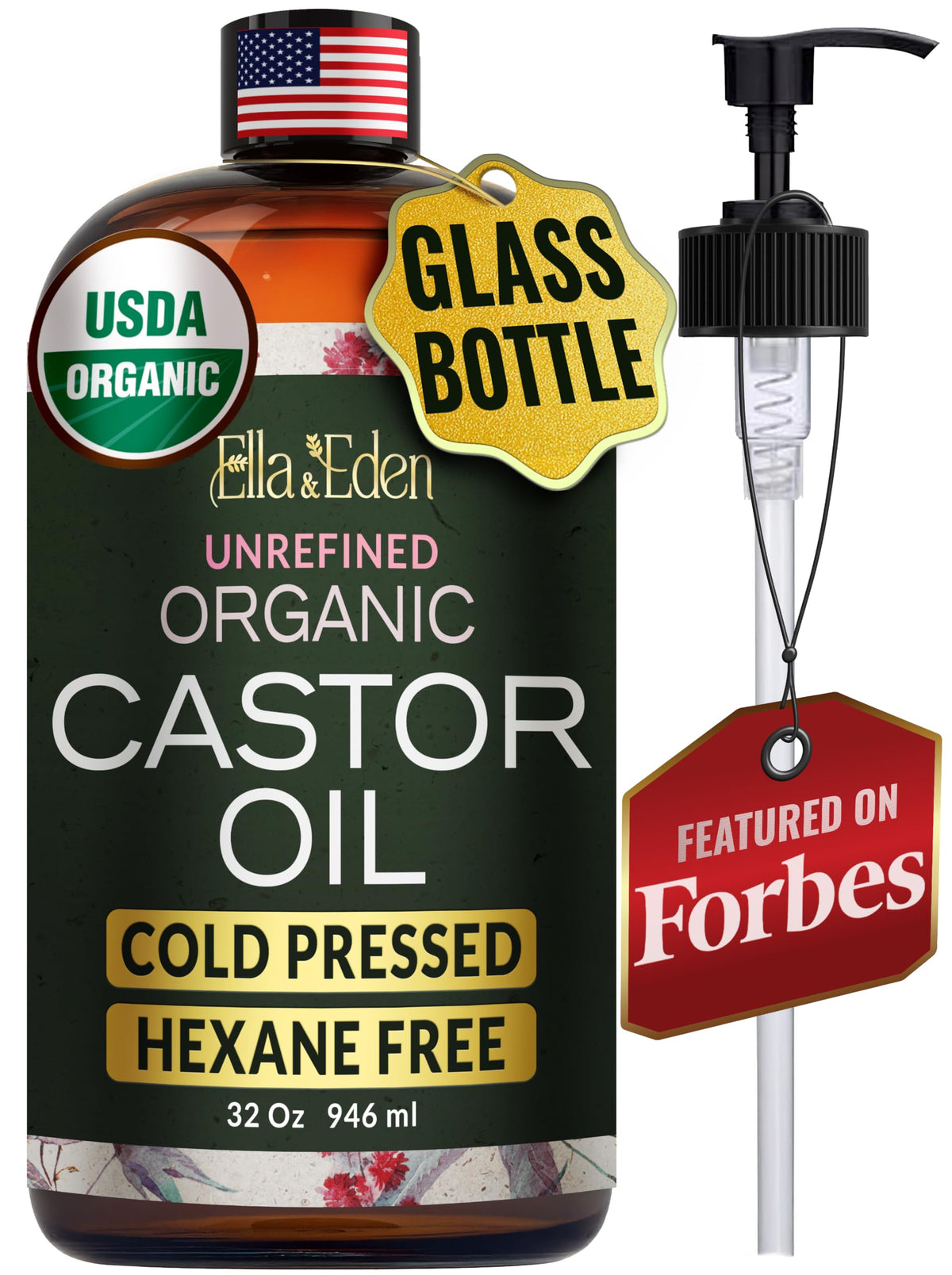USDA Organic Castor Oil, 100% Pure Cold-Pressed Hexane-Free, 32 Fl Oz